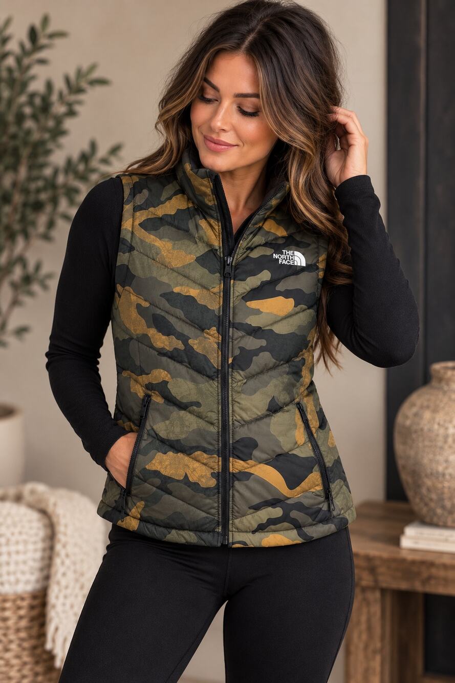 The North Face NWOT Tamburello 2 Burnt Olive Green Waxed Camo Print Puffer Vest